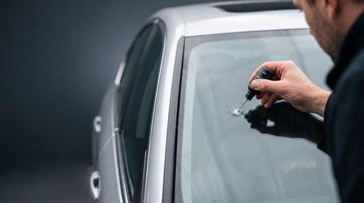 Applying Oakvesta GlassFix resin to a stone chip on a car windshield
