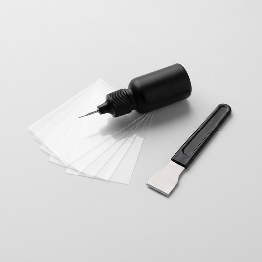 Oakvesta GlassFix windshield repair kit: resin applicator, curing films and razor blade